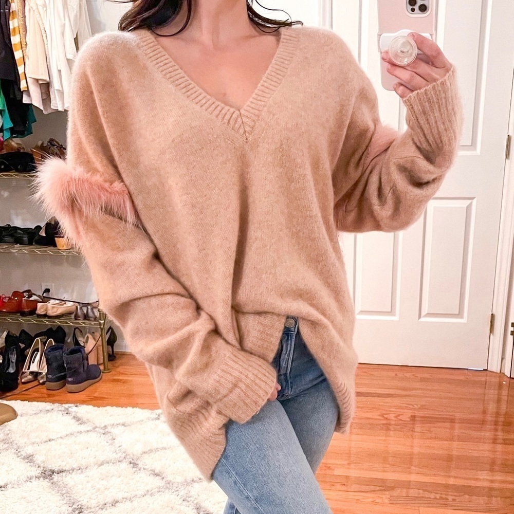 LAPOINTE Fox Fur Trim V Neck Cashmere Silk Pullover Sweater M/L - Picture 2 of 11